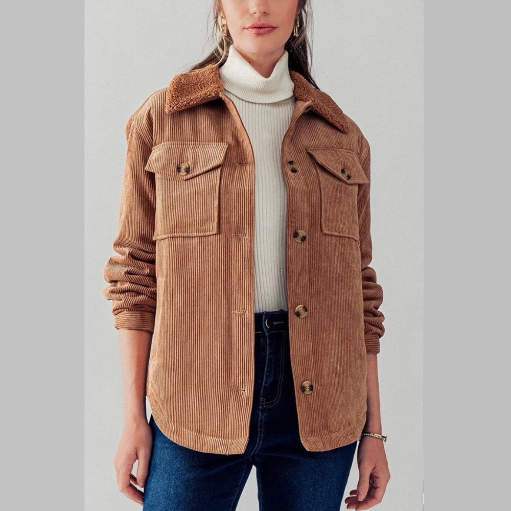 Tan brown collared button up shirt jacket corduroy shacket w/ Sherpa collar